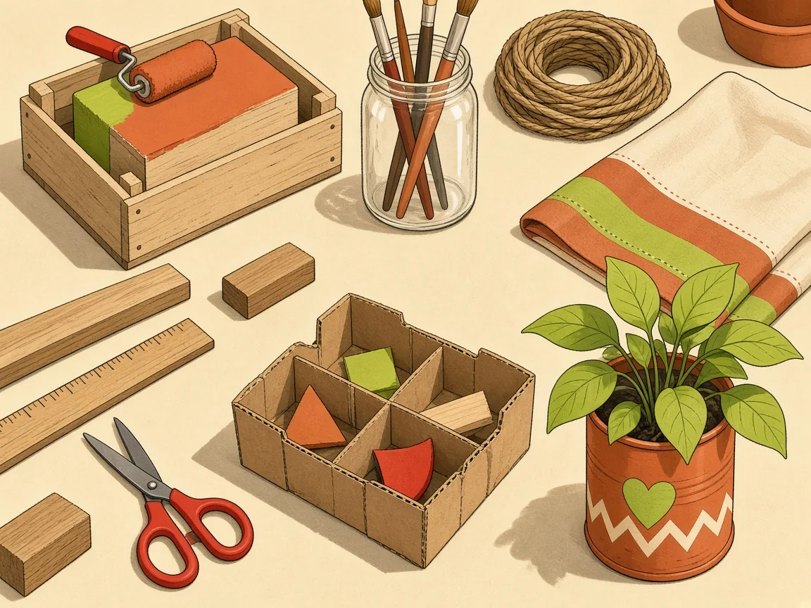 Mesa de trabalho com caixote sendo pintado, potes com pincéis, corda, tesoura, organizador de papelão e vaso de lata