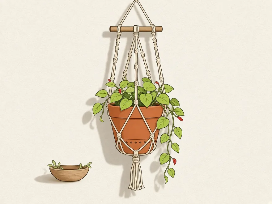 Ilustração do projeto Suporte de vaso em macramê simples