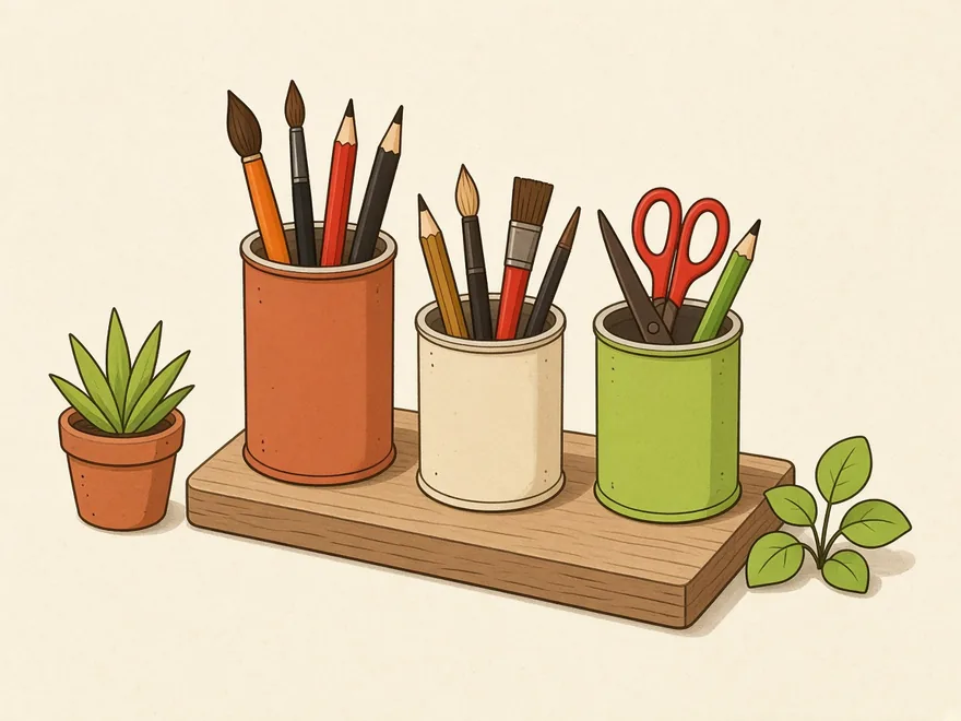 Ilustração do projeto Organizador de mesa com latas em base de madeira